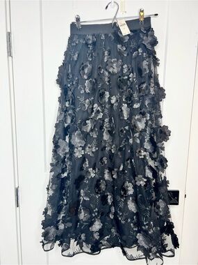 Anthropologie Black Floral Applique Maxi Skirt